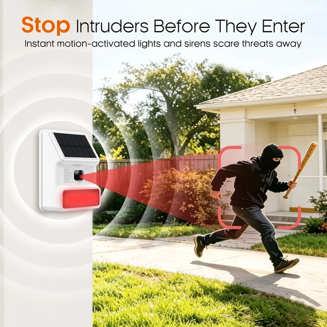Alt view image 3 of 7 - Solar Motion Sensor Alarm, 120dB Outdoor Waterproof Strobe Siren, Wireless Security Alert System for Yard, Farm, Garage, Woods, Bear Deterrent, 2 Pack