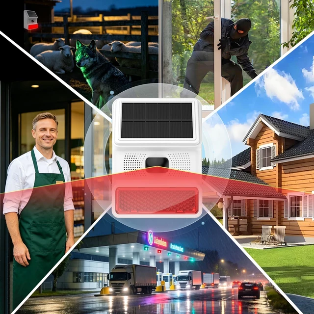 Alt view image 7 of 7 - Solar Motion Sensor Alarm, 120dB Outdoor Waterproof Strobe Siren, Wireless Security Alert System for Yard, Farm, Garage, Woods, Bear Deterrent, 2 Pack