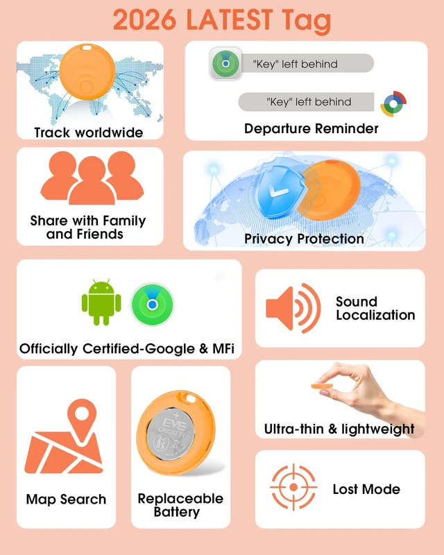 Alt view image 3 of 7 - 2026 Smart Tracker Tags for Android & iOS, Compatible with Apple Find My and Google Find My, to Help Track and Locate Your Keys, Wallet, Luggage, Backpack and Other valuables. (Orange)