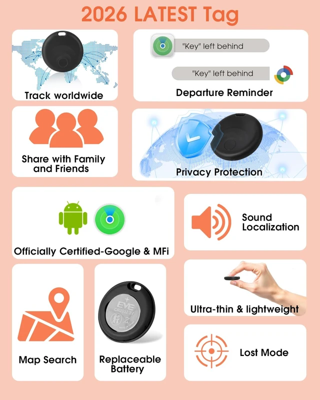 Alt view image 3 of 7 - 2026 Smart Tracker Tags for Android & iOS, Compatible with Apple Find My and Google Find My, to Help Track and Locate Your Keys, Wallet, Luggage, Backpack and Other valuables. (Black)