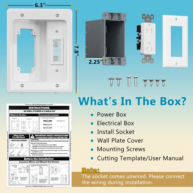 Alt view image 2 of 7 - TV Cord Hider & in-Wall Cable Management Kit, Dual Outlet Connection Box (Unwired) with Cutting Template, Perfect for Wall Mounted TVs