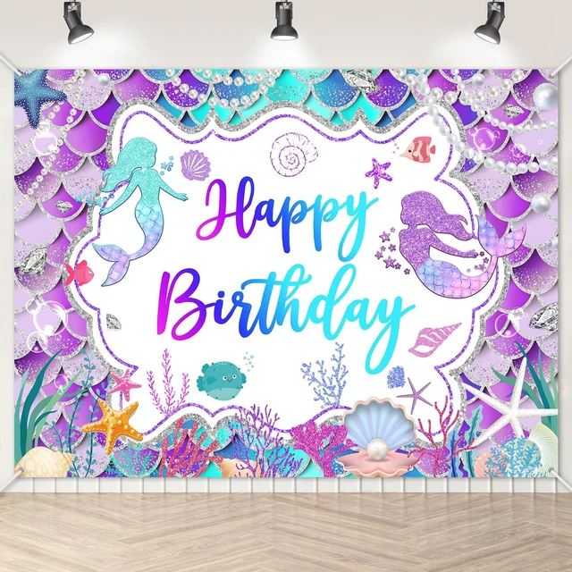 Main image of Mermaid Birthday Backdrop Purple Mermaid Banner Decorations, 8x6 ft Polyester, Glitter Mermaid Birthday Party Decorations for Girls, Mermaid Photo Background, Photo Booth Props