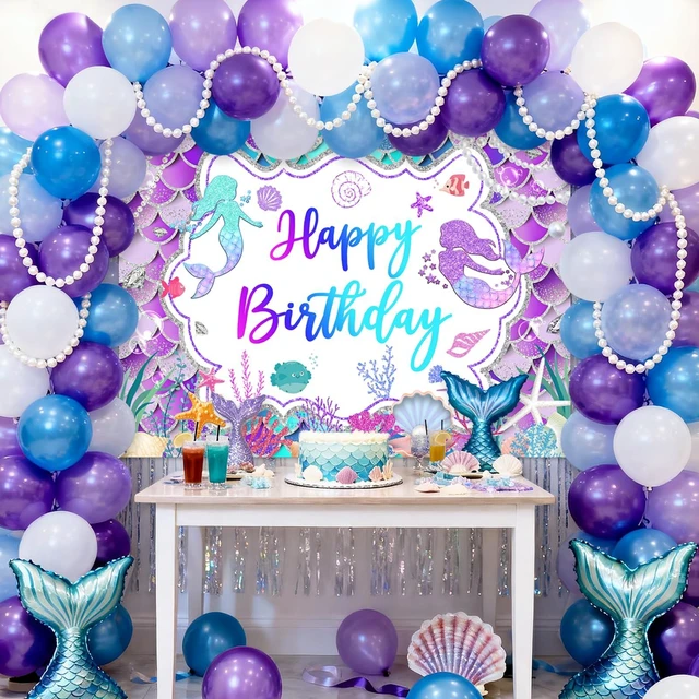 Alt view image 2 of 7 - Mermaid Birthday Backdrop Purple Mermaid Banner Decorations, 8x6 ft Polyester, Glitter Mermaid Birthday Party Decorations for Girls, Mermaid Photo Background, Photo Booth Props