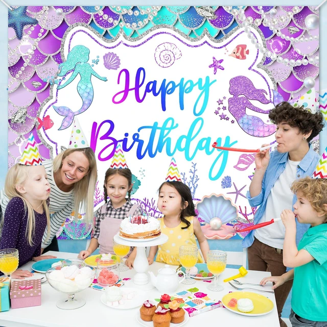 Alt view image 4 of 7 - Mermaid Birthday Backdrop Purple Mermaid Banner Decorations, 8x6 ft Polyester, Glitter Mermaid Birthday Party Decorations for Girls, Mermaid Photo Background, Photo Booth Props