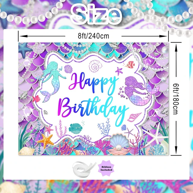 Alt view image 3 of 7 - Mermaid Birthday Backdrop Purple Mermaid Banner Decorations, 8x6 ft Polyester, Glitter Mermaid Birthday Party Decorations for Girls, Mermaid Photo Background, Photo Booth Props