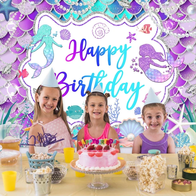 Alt view image 5 of 7 - Mermaid Birthday Backdrop Purple Mermaid Banner Decorations, 8x6 ft Polyester, Glitter Mermaid Birthday Party Decorations for Girls, Mermaid Photo Background, Photo Booth Props