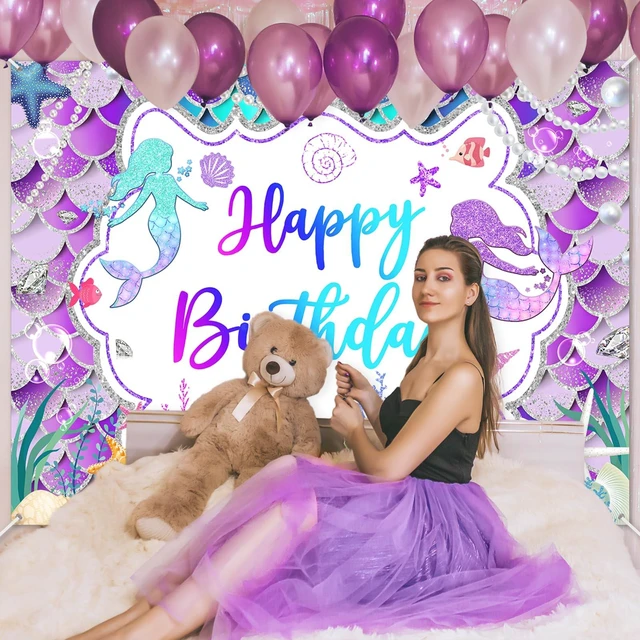 Alt view image 6 of 7 - Mermaid Birthday Backdrop Purple Mermaid Banner Decorations, 8x6 ft Polyester, Glitter Mermaid Birthday Party Decorations for Girls, Mermaid Photo Background, Photo Booth Props
