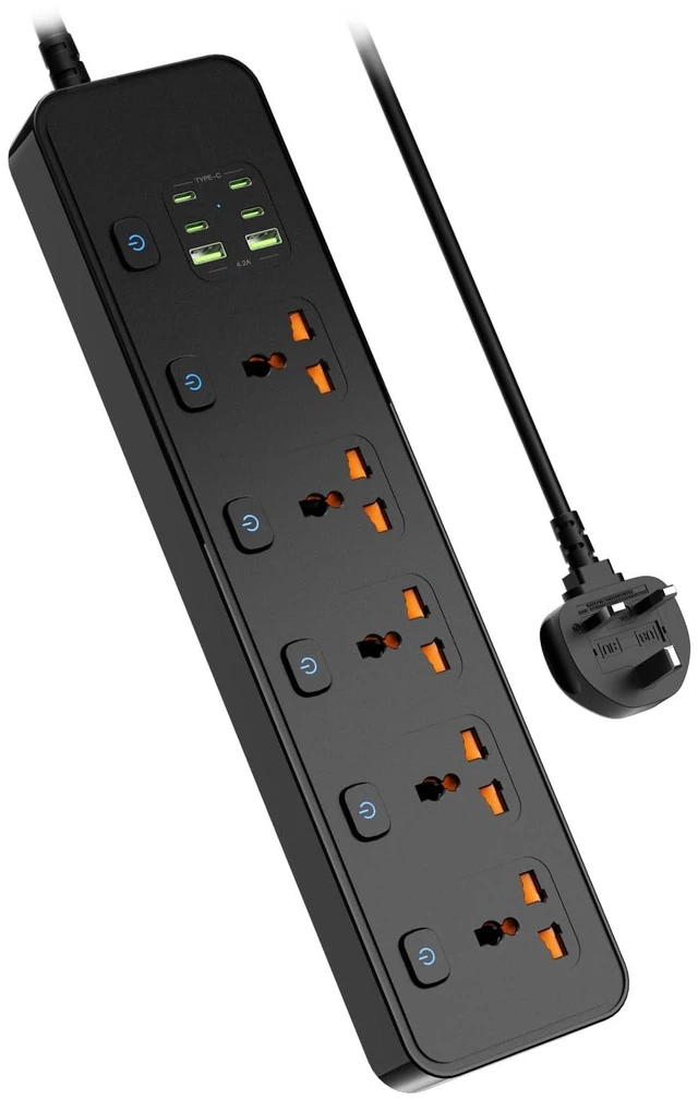 Main image of Universal Power Strip with USB Ports, Individual Swtich, 6ft Power Cord, 5 Universal AC Outlets, 4USB C and 2USB (5V/4.2A), Max 3000w, 110-240V, Child Safe Door, Multi Plug Power Strip for Travel