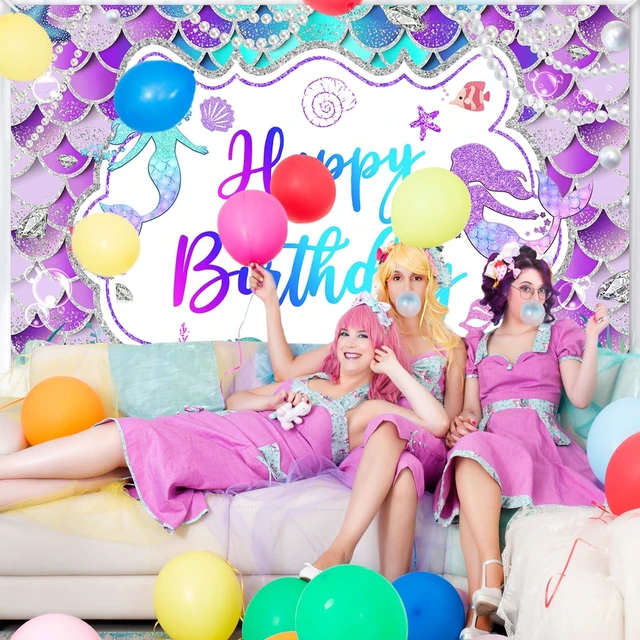 Alt view image 7 of 7 - Mermaid Birthday Backdrop Purple Mermaid Banner Decorations, 8x6 ft Polyester, Glitter Mermaid Birthday Party Decorations for Girls, Mermaid Photo Background, Photo Booth Props