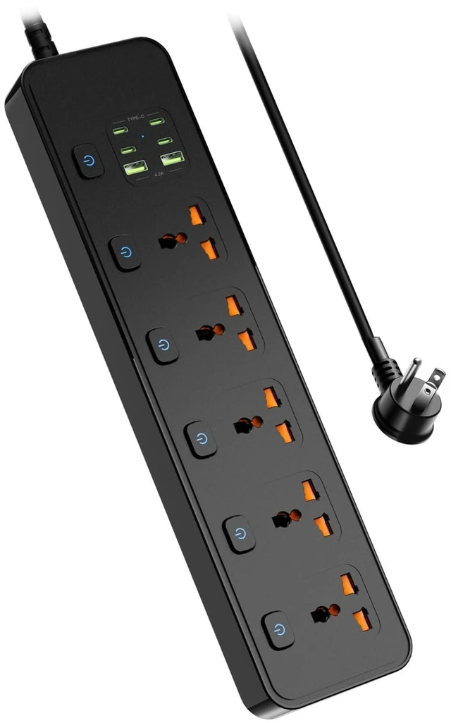 Main image of Universal Power Strip with USB Ports, Individual Swtich, 6ft Power Cord, 5 Universal AC Outlets, 4USB C and 2USB (5V/4.2A), Max 3000w, 110-240V, Child Safe Door, Multi Plug Power Strip for Travel