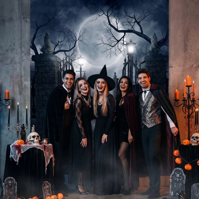 Alt view image 3 of 5 - Halloween Cemetery Full Moon Haunted Photography Backdrop (8x10FT) Graveyard Full Moon Scene Decor, Halloween/Gothic/Cosplay Photo Backdrop, Lightweight Vinyl, Easy Hang & Wipe Clean