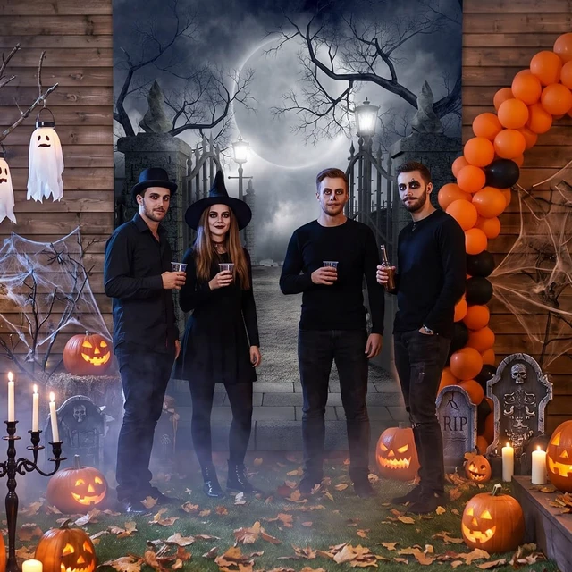 Alt view image 4 of 5 - Halloween Cemetery Full Moon Haunted Photography Backdrop (8x10FT) Graveyard Full Moon Scene Decor, Halloween/Gothic/Cosplay Photo Backdrop, Lightweight Vinyl, Easy Hang & Wipe Clean