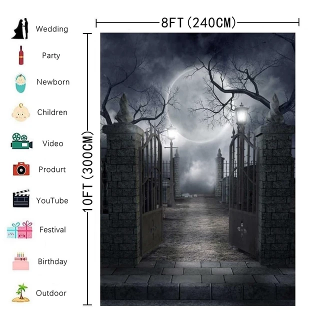 Alt view image 5 of 5 - Halloween Cemetery Full Moon Haunted Photography Backdrop (8x10FT) Graveyard Full Moon Scene Decor, Halloween/Gothic/Cosplay Photo Backdrop, Lightweight Vinyl, Easy Hang & Wipe Clean