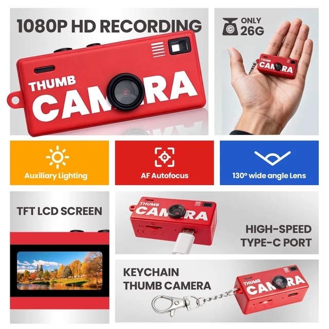 Alt view image 2 of 7 - Mini Digital Camera with 0.96 in LCD Screen1080P 130° Wide Angle Retro Digital Camera with 32GB SD Card USB Card Reader,Keychain Size Adapter for Travel Study Daily VloggingRed