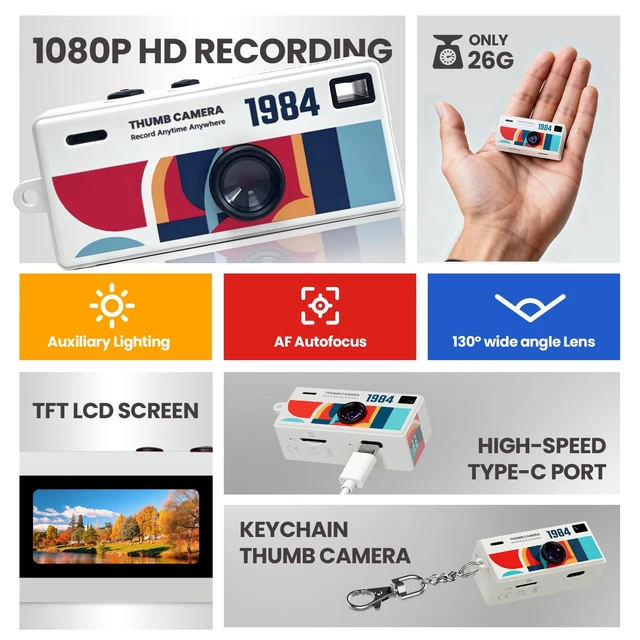 Alt view image 2 of 7 - Mini Digital Camera with 0.96 in LCD Screen1080P 130° Wide Angle Retro Digital Camera with 32GB SD Card USB Card Reader,Keychain Size Adapter for Travel Study Daily VloggingWhite