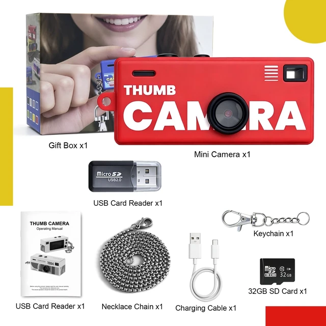 Alt view image 7 of 7 - Mini Digital Camera with 0.96 in LCD Screen1080P 130° Wide Angle Retro Digital Camera with 32GB SD Card USB Card Reader,Keychain Size Adapter for Travel Study Daily VloggingRed