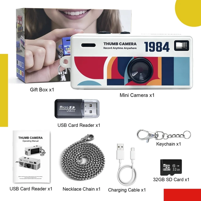 Alt view image 7 of 7 - Mini Digital Camera with 0.96 in LCD Screen1080P 130° Wide Angle Retro Digital Camera with 32GB SD Card USB Card Reader,Keychain Size Adapter for Travel Study Daily VloggingWhite