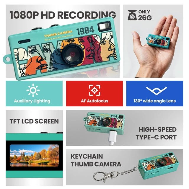 Alt view image 2 of 7 - Mini Digital Camera with 0.96 in LCD Screen1080P 130° Wide Angle Retro Digital Camera with 32GB SD Card USB Card Reader,Keychain Size Adapter for Travel Study Daily VloggingCyan