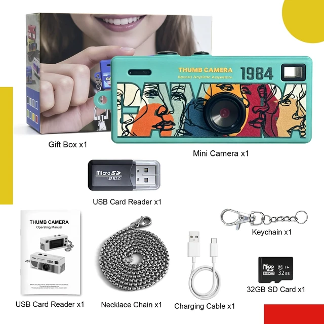 Alt view image 7 of 7 - Mini Digital Camera with 0.96 in LCD Screen1080P 130° Wide Angle Retro Digital Camera with 32GB SD Card USB Card Reader,Keychain Size Adapter for Travel Study Daily VloggingCyan
