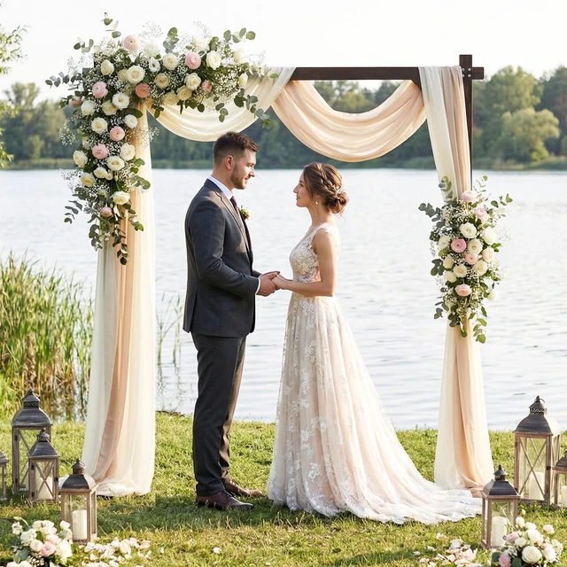 Main image of Wooden Wedding Arch, 87" Wood Arbor Backdrop Stand Garden Archway with Ground Stakes, Rustic Decorative Arch for Wedding Ceremony, Party, Backyard, Balloon & Floral Decorations