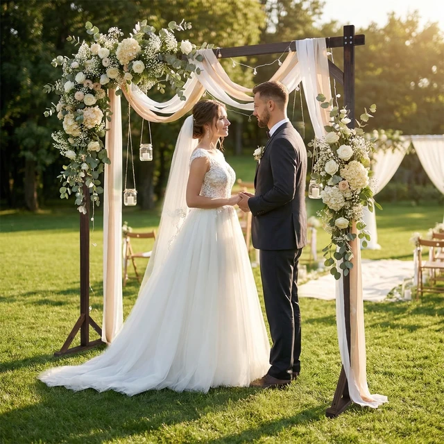 Alt view image 2 of 7 - Wooden Wedding Arch, 87" Wood Arbor Backdrop Stand Garden Archway with Ground Stakes, Rustic Decorative Arch for Wedding Ceremony, Party, Backyard, Balloon & Floral Decorations
