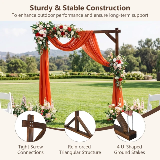 Alt view image 4 of 7 - Wooden Wedding Arch, 87" Wood Arbor Backdrop Stand Garden Archway with Ground Stakes, Rustic Decorative Arch for Wedding Ceremony, Party, Backyard, Balloon & Floral Decorations