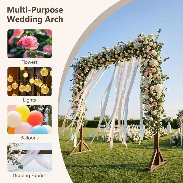 Alt view image 5 of 7 - Wooden Wedding Arch, 87" Wood Arbor Backdrop Stand Garden Archway with Ground Stakes, Rustic Decorative Arch for Wedding Ceremony, Party, Backyard, Balloon & Floral Decorations