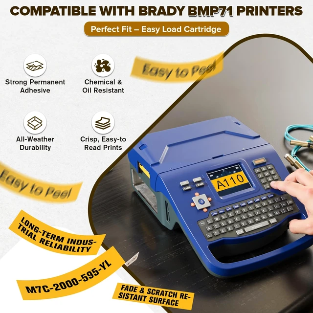 Alt view image 2 of 7 - Replacement for Brady All Weather Permanent Adhesive Vinyl Label Tape, Only Fit for Brady BMP71 Printers(Not Compatible with M710) - 2" x 50', Yellow M7C-2000-595-YL