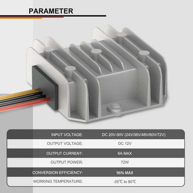 Alt view image 4 of 7 - 72v to 12v Converter, IP68 Waterproof DC to DC Buck Converter 20-90V to 12V 6A Voltage Regulator