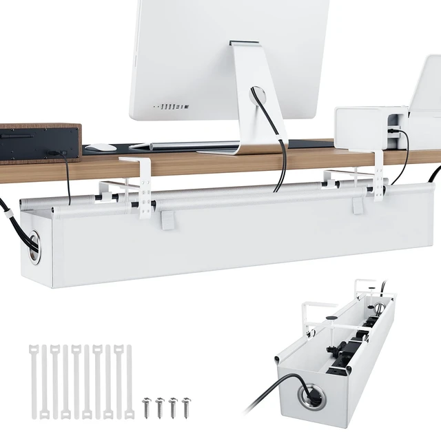 Main image of Under Desk Cable Management Tray 36", No Drill Cord Organizer, White Heavy Duty, Large Capacity, 3-Level Clamp Fit 0"-2.5" Desks, Clamp/Screw Mount, for Home, Office, Gaming, Room, Studio