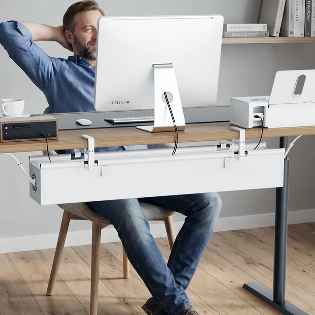 Alt view image 2 of 7 - Under Desk Cable Management Tray 36", No Drill Cord Organizer, White Heavy Duty, Large Capacity, 3-Level Clamp Fit 0"-2.5" Desks, Clamp/Screw Mount, for Home, Office, Gaming, Room, Studio