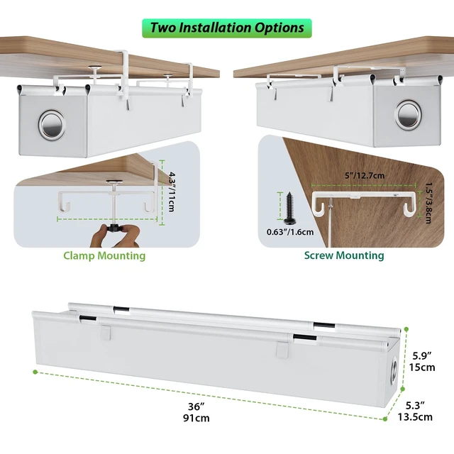 Alt view image 4 of 7 - Under Desk Cable Management Tray 36", No Drill Cord Organizer, White Heavy Duty, Large Capacity, 3-Level Clamp Fit 0"-2.5" Desks, Clamp/Screw Mount, for Home, Office, Gaming, Room, Studio
