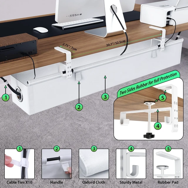 Alt view image 5 of 7 - Under Desk Cable Management Tray 36", No Drill Cord Organizer, White Heavy Duty, Large Capacity, 3-Level Clamp Fit 0"-2.5" Desks, Clamp/Screw Mount, for Home, Office, Gaming, Room, Studio