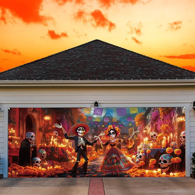 Main image of 7x16 ft Day of the Dead Garage Door Banner Sugar Skull Backdrop Dia De Los Muertos Theme, Mexican Fiesta Sugar Skull Design, Photography Background for Halloween Party Decorations