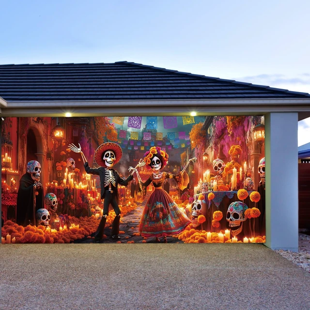 Alt view image 4 of 6 - 7x16 ft Day of the Dead Garage Door Banner Sugar Skull Backdrop Dia De Los Muertos Theme, Mexican Fiesta Sugar Skull Design, Photography Background for Halloween Party Decorations