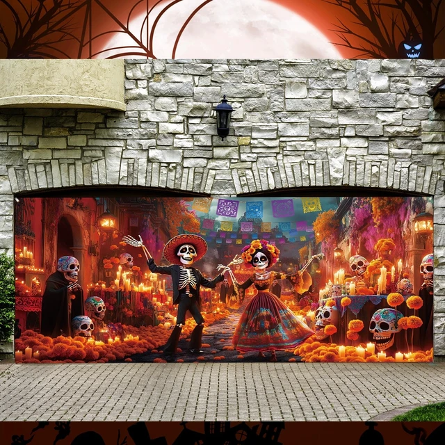 Alt view image 5 of 6 - 7x16 ft Day of the Dead Garage Door Banner Sugar Skull Backdrop Dia De Los Muertos Theme, Mexican Fiesta Sugar Skull Design, Photography Background for Halloween Party Decorations