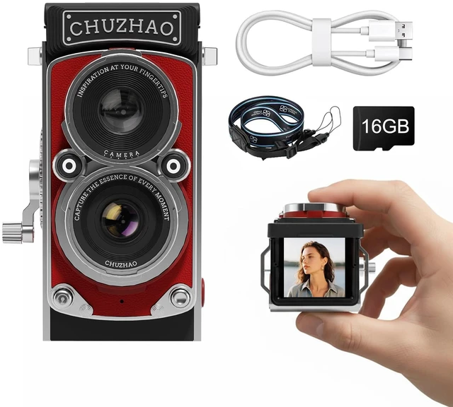 Main image of CHUZHAO Digital Camera Retro TLR Style 1080P FHD Video 12MP Photos Autofocus Portable Vintage Mini Vlogging Camera with 16GB Card Gift for Beginners Teens Adults Red