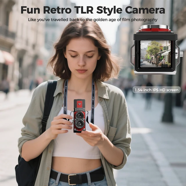 Alt view image 2 of 7 - CHUZHAO Digital Camera Retro TLR Style 1080P FHD Video 12MP Photos Autofocus Portable Vintage Mini Vlogging Camera with 16GB Card Gift for Beginners Teens Adults Red