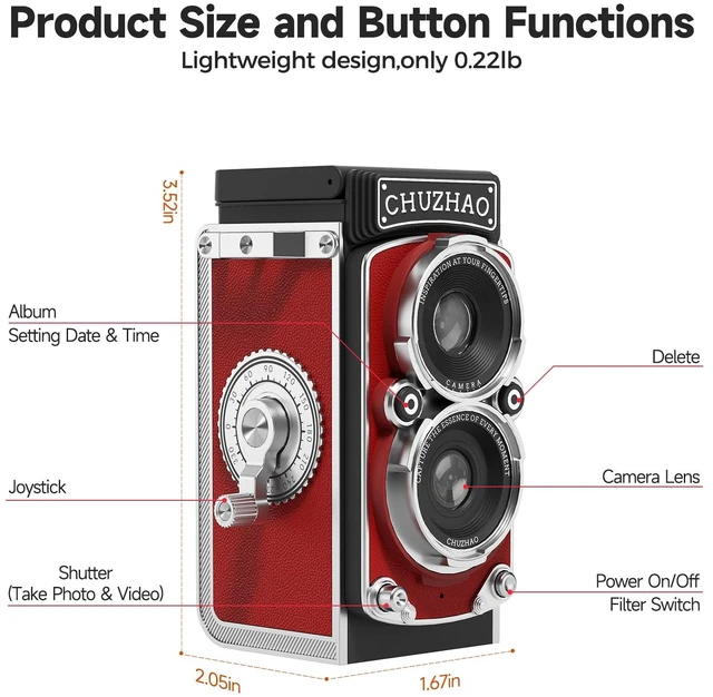 Alt view image 5 of 7 - CHUZHAO Digital Camera Retro TLR Style 1080P FHD Video 12MP Photos Autofocus Portable Vintage Mini Vlogging Camera with 16GB Card Gift for Beginners Teens Adults Red