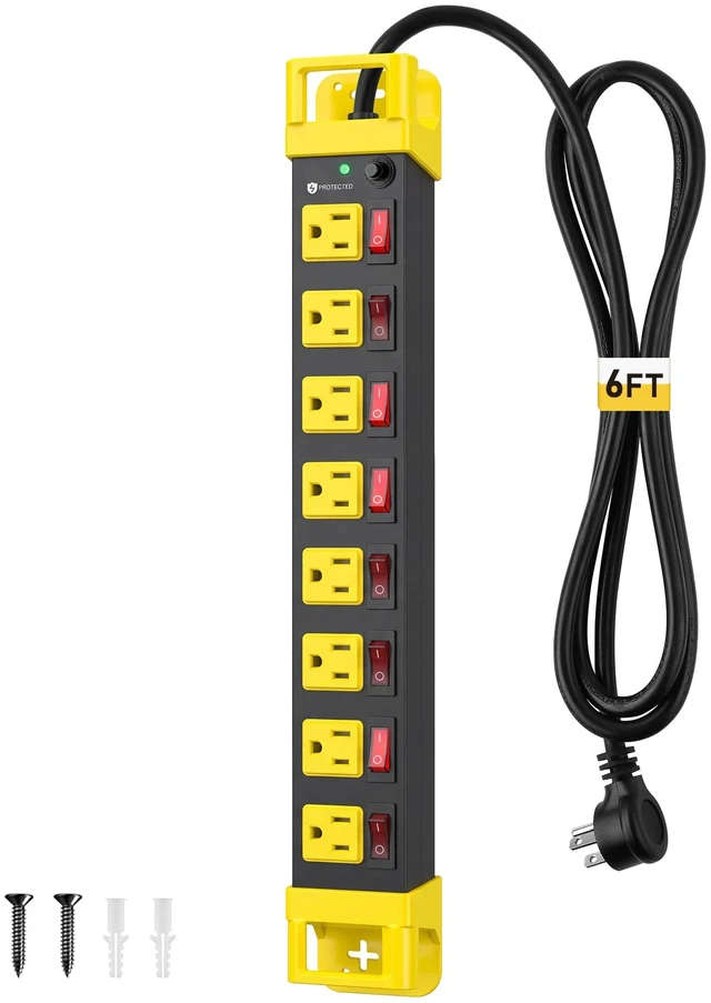 Main image of 6FT Heavy Duty Power Strip,8 Outlet Individual Switches-15A/1875W Metal Power Strip with Surge Protector 1200 Joules,Flat Plug Design,14 AWG Extension Cord Management,Wall Mountable-ETL