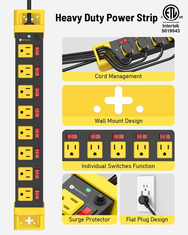 Alt view image 2 of 7 - 6FT Heavy Duty Power Strip,8 Outlet Individual Switches-15A/1875W Metal Power Strip with Surge Protector 1200 Joules,Flat Plug Design,14 AWG Extension Cord Management,Wall Mountable-ETL