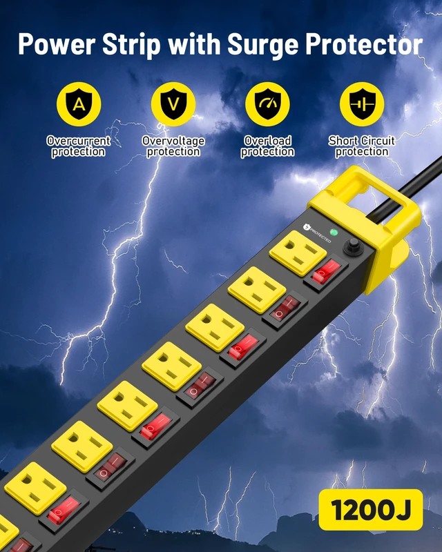 Alt view image 3 of 7 - 6FT Heavy Duty Power Strip,8 Outlet Individual Switches-15A/1875W Metal Power Strip with Surge Protector 1200 Joules,Flat Plug Design,14 AWG Extension Cord Management,Wall Mountable-ETL