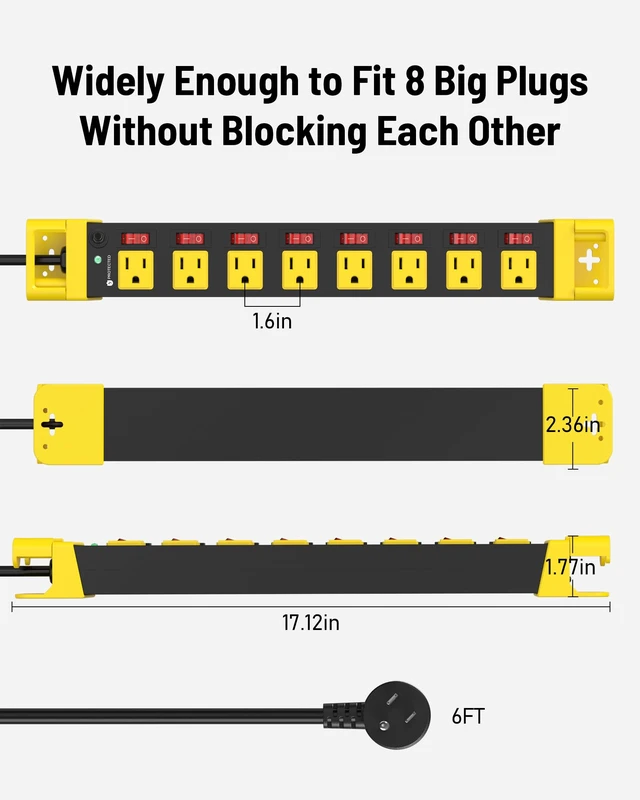 Alt view image 6 of 7 - 6FT Heavy Duty Power Strip,8 Outlet Individual Switches-15A/1875W Metal Power Strip with Surge Protector 1200 Joules,Flat Plug Design,14 AWG Extension Cord Management,Wall Mountable-ETL