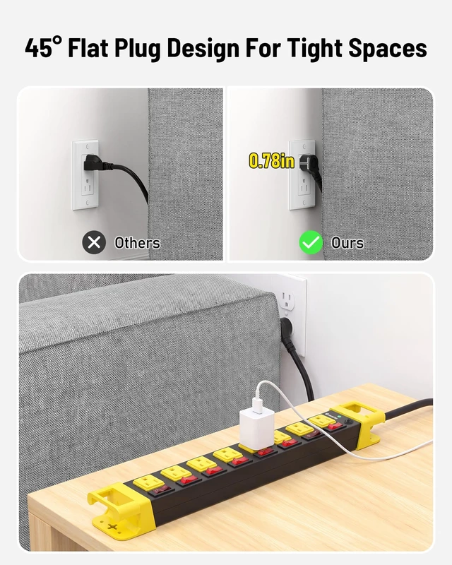 Alt view image 5 of 7 - 6FT Heavy Duty Power Strip,8 Outlet Individual Switches-15A/1875W Metal Power Strip with Surge Protector 1200 Joules,Flat Plug Design,14 AWG Extension Cord Management,Wall Mountable-ETL