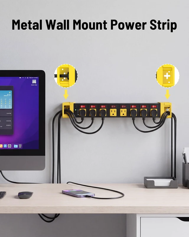Alt view image 7 of 7 - 6FT Heavy Duty Power Strip,8 Outlet Individual Switches-15A/1875W Metal Power Strip with Surge Protector 1200 Joules,Flat Plug Design,14 AWG Extension Cord Management,Wall Mountable-ETL