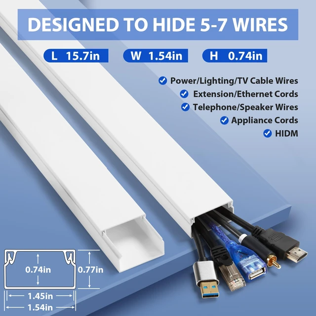Alt view image 2 of 6 - 157in Cord Covers for Wires on Wall, Large Wall Wire Hider Kit, White Large Cord Hider for Wall Mount TV, Cable Covers for Cords on Wall, Hide Cords Wall Mounted TV, 10 x L15.7in W1.54in H0.74in