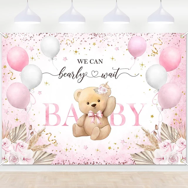 Main image of Pink Bear Baby Shower Backdrop Bearly Wait Banner for Girl 7x5 ft Polyester, We Can Bear Bearly Wait Baby Shower Decorations, Newborn Photography Background, Photo Booth Props