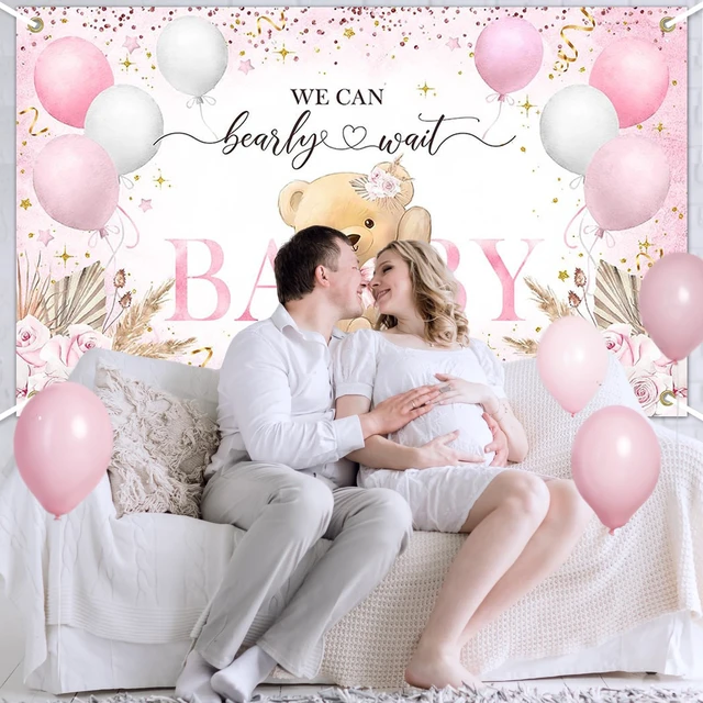 Alt view image 6 of 7 - Pink Bear Baby Shower Backdrop Bearly Wait Banner for Girl 7x5 ft Polyester, We Can Bear Bearly Wait Baby Shower Decorations, Newborn Photography Background, Photo Booth Props