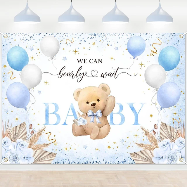 Main image of Blue Bear Baby Shower Backdrop Bearly Wait Banner for Boy 7x5 ft Polyester, We Can Bear Bearly Wait Baby Shower Decorations, Newborn Photography Background, Photo Booth Props