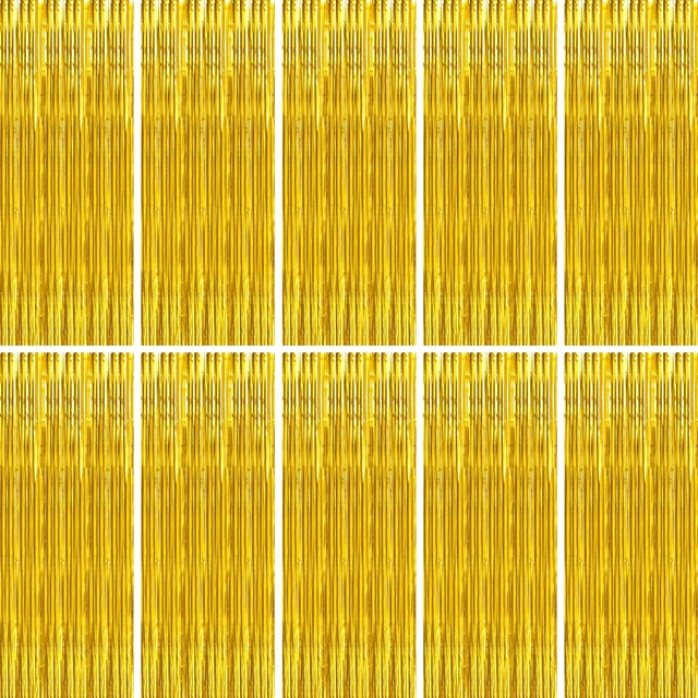 Main image of Gold Foil Fringe Curtain 10 Pack 3 x 8 Ft College Welcome Warm gold metallic tinsel adds polished shine while adhesive backs simplify setup on walls doorways arches and photo areas
